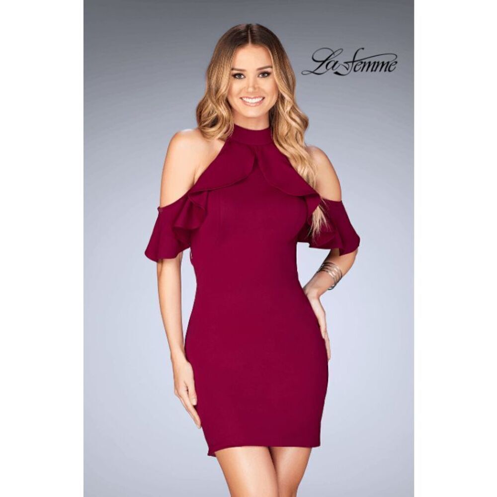 NWT La Femme 25147 Burgundy Red Cocktail Mini Dress Backless‎ Ruffle Size 4